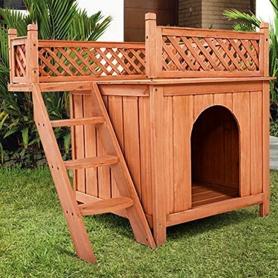 Riparo di legno della Camera dell'animale domestico del cucciolo di cane con all'aperto dell'interno del balcone delle scale